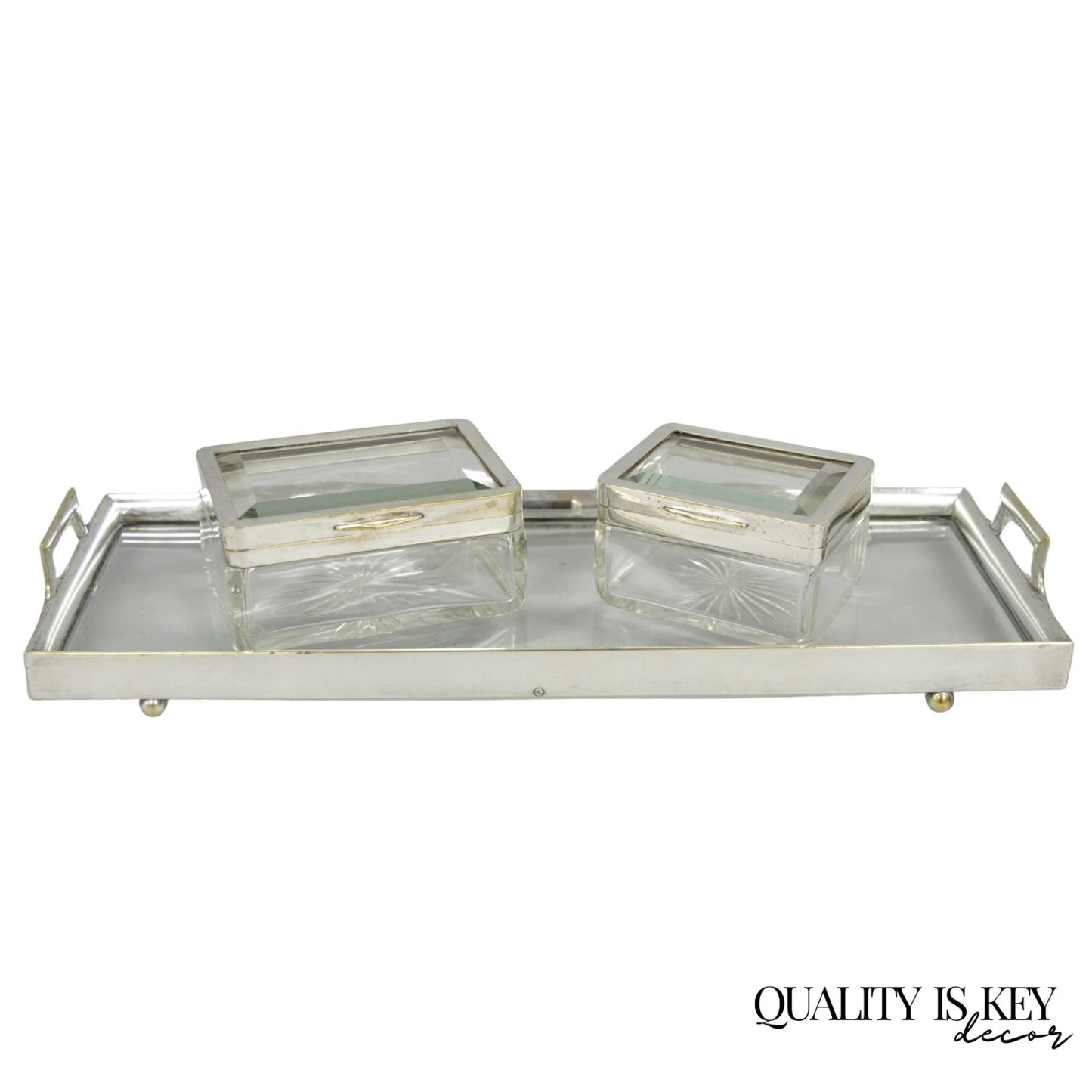 Art Deco Austrian Silver Plated Cut Glass Casket Trinket Box Set w/ Tray - 3 Pcs