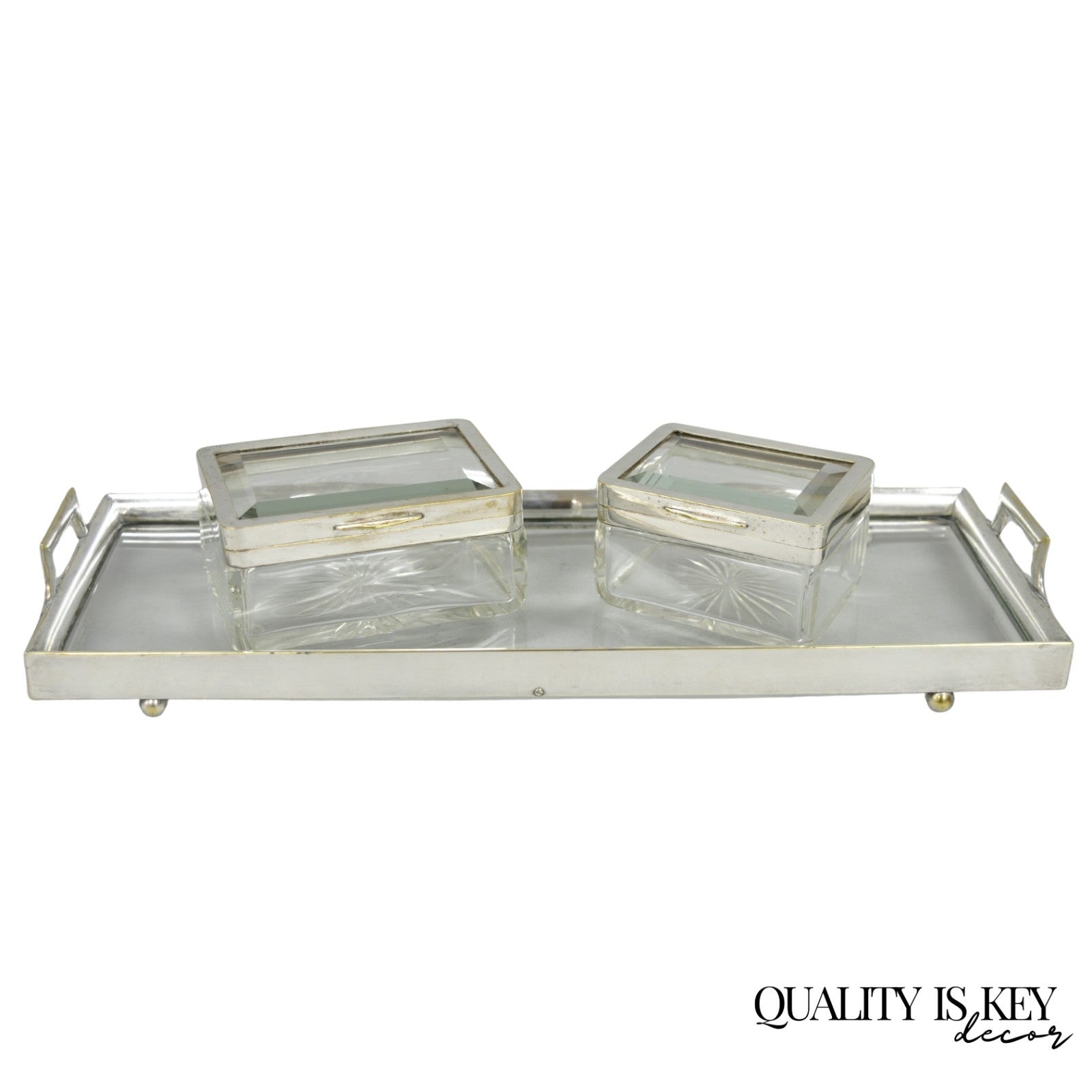 Art Deco Austrian Silver Plated Cut Glass Casket Trinket Box Set w/ Tray - 3 Pcs