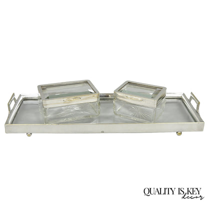 Art Deco Austrian Silver Plated Cut Glass Casket Trinket Box Set w/ Tray - 3 Pcs