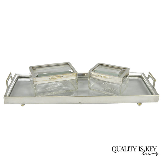 Art Deco Austrian Silver Plated Cut Glass Casket Trinket Box Set w/ Tray - 3 Pcs