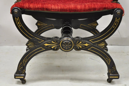 Antique Victorian Aesthetic Movement Ebonized Curule Throne Arm Chair with Lions