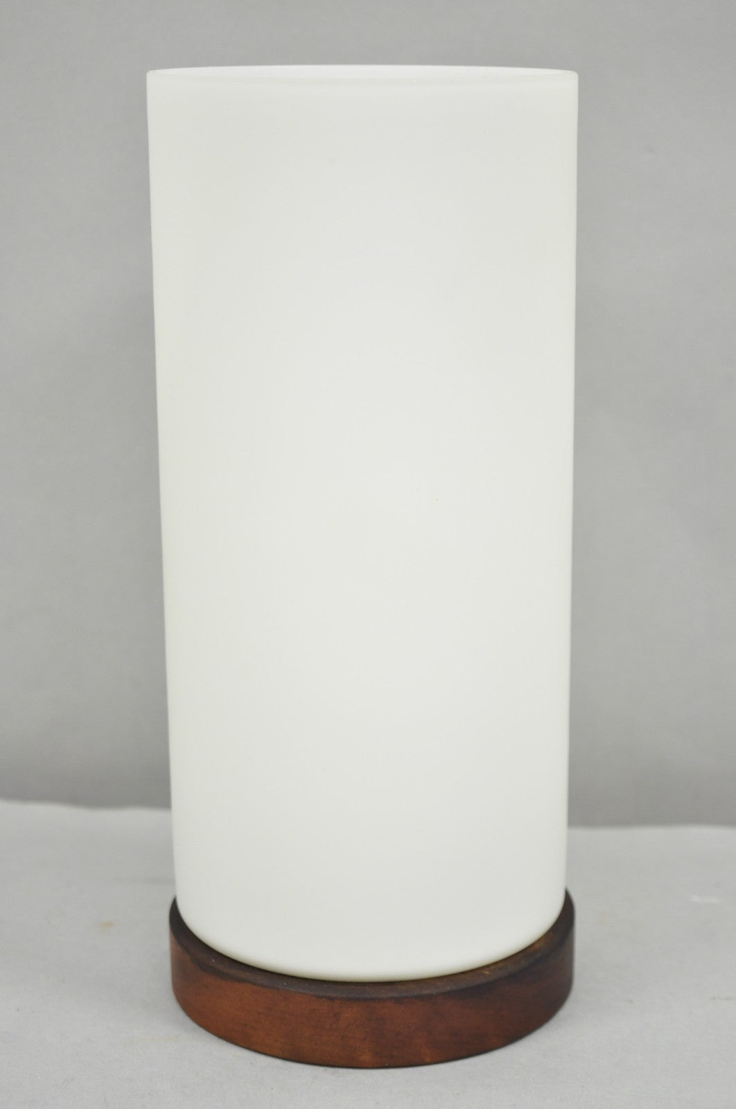 Vintage Mid Century Swedish Modern Frosted Glass Cylinder Small Teak Table Lamp