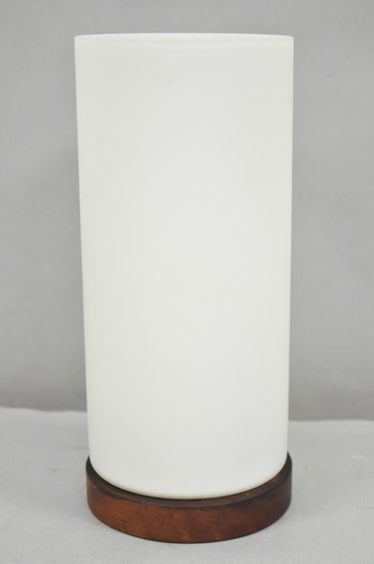 Vintage Mid Century Swedish Modern Frosted Glass Cylinder Small Teak Table Lamp