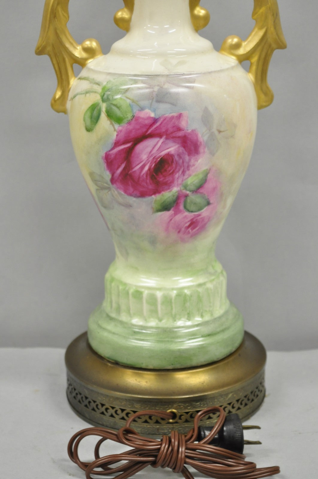 Antique Victorian French Porcelain Hand Painted Flower Vase Form Table Lamp