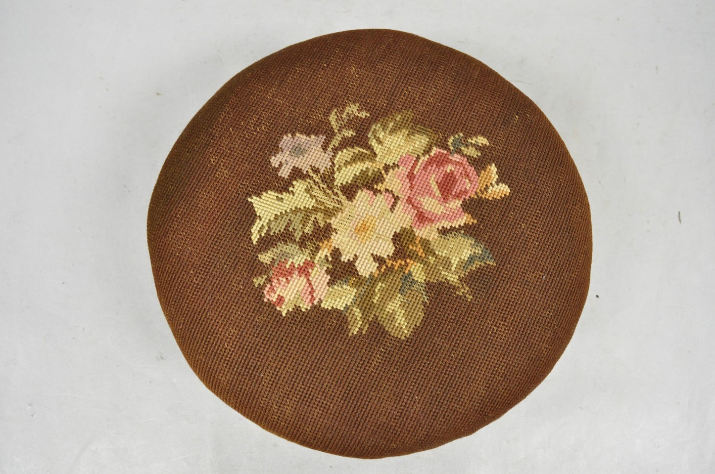 Antique Victorian Round Needlepoint Small Footstool Ottoman w/ 5 Walnut Bun Feet