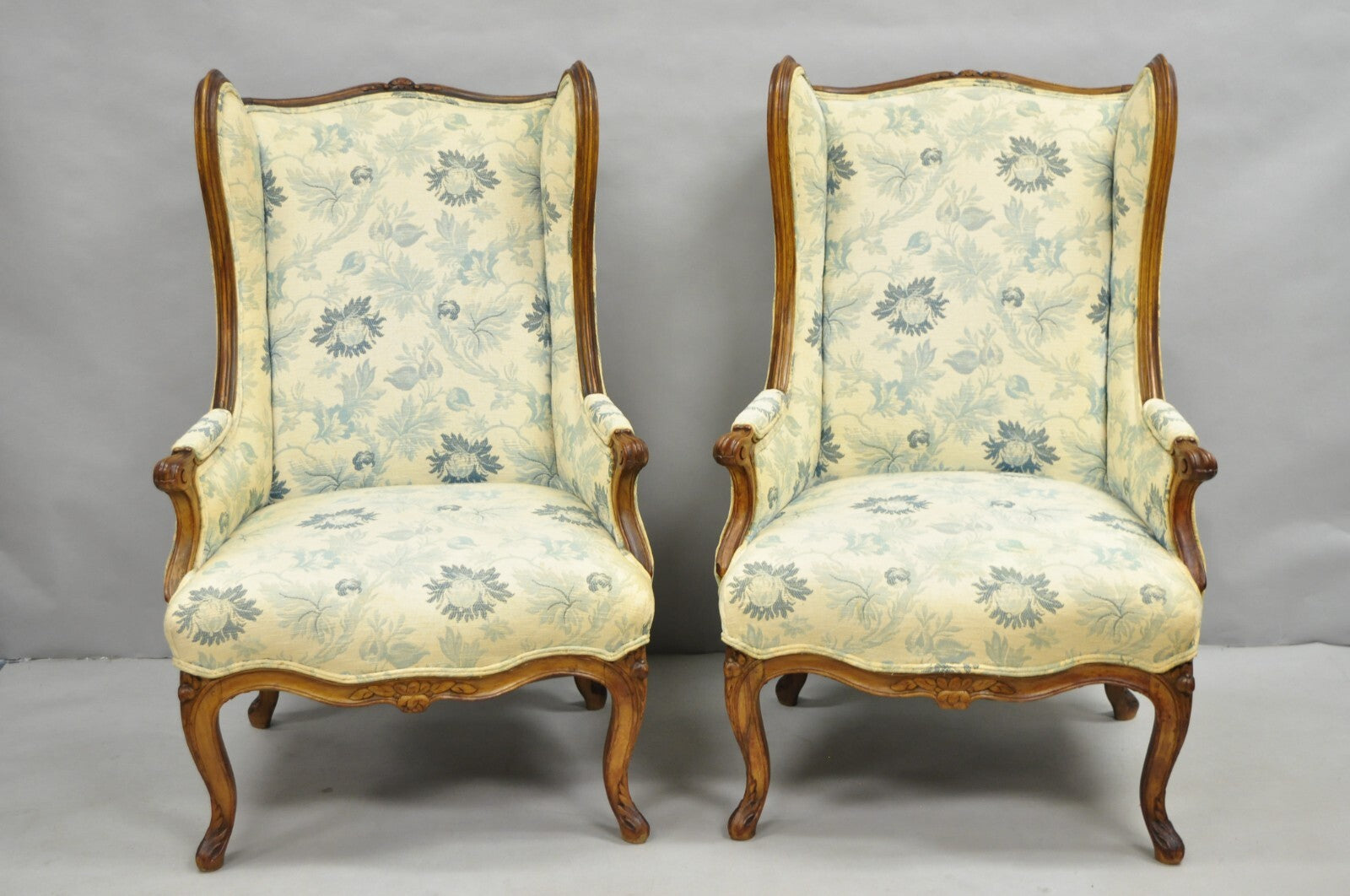 Antique French Country Provincial Carved Walnut Wingback Lounge Chairs Pair