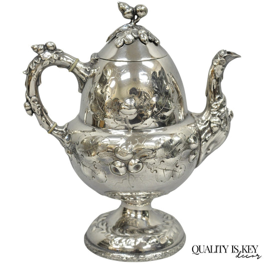Antique Art Nouveau Silver Plated Nuts & Vines Repousse Tea Pot Tea Kettle