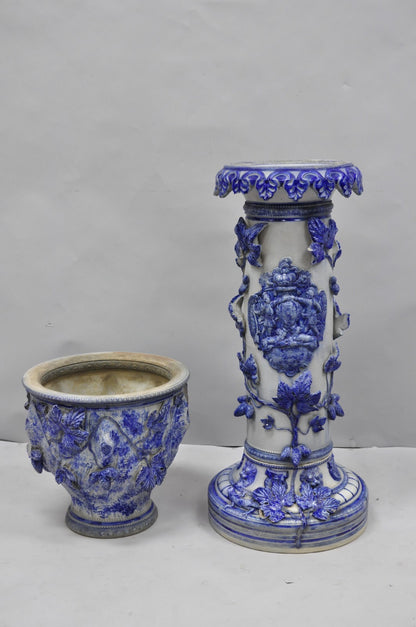 Antique German Westerwald Salt Glaze Stoneware Cobalt Blue Jardiniere & Pedestal