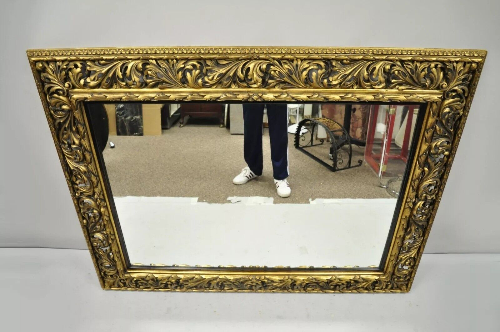 Antique French Baroque Rococo Style Scroll Carved Wood 65" Gold Wall Mirror