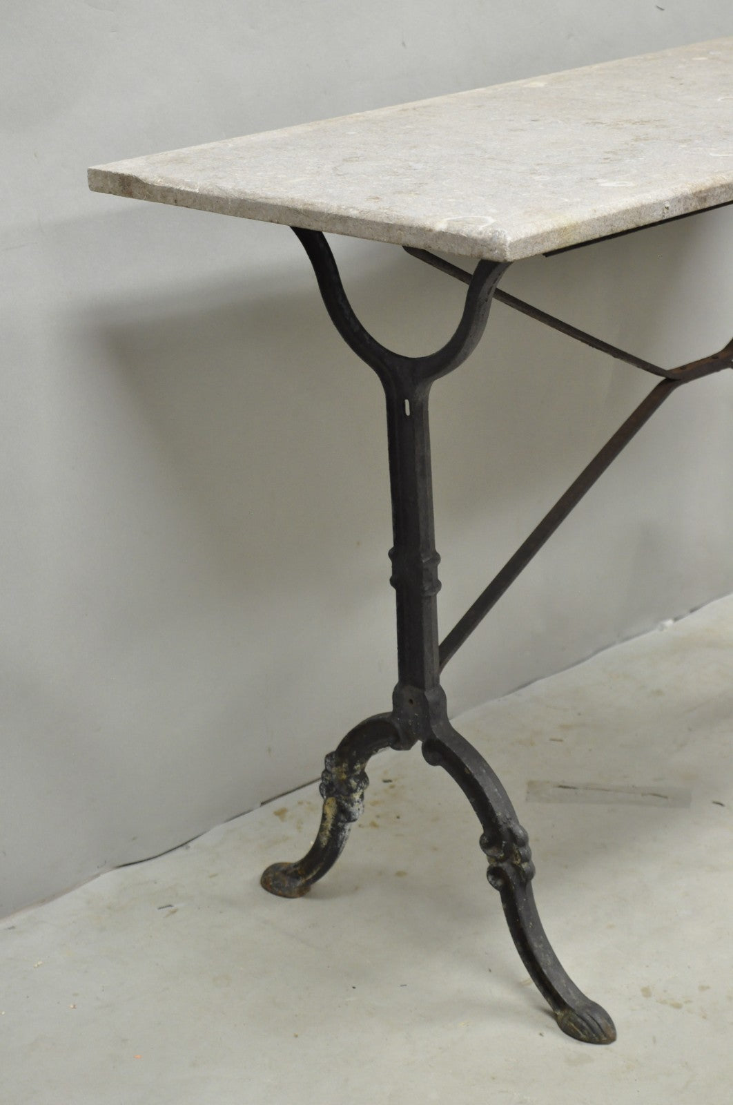 Antique French Victorian Cast Iron Pastry Table Base Marble Top Console Table