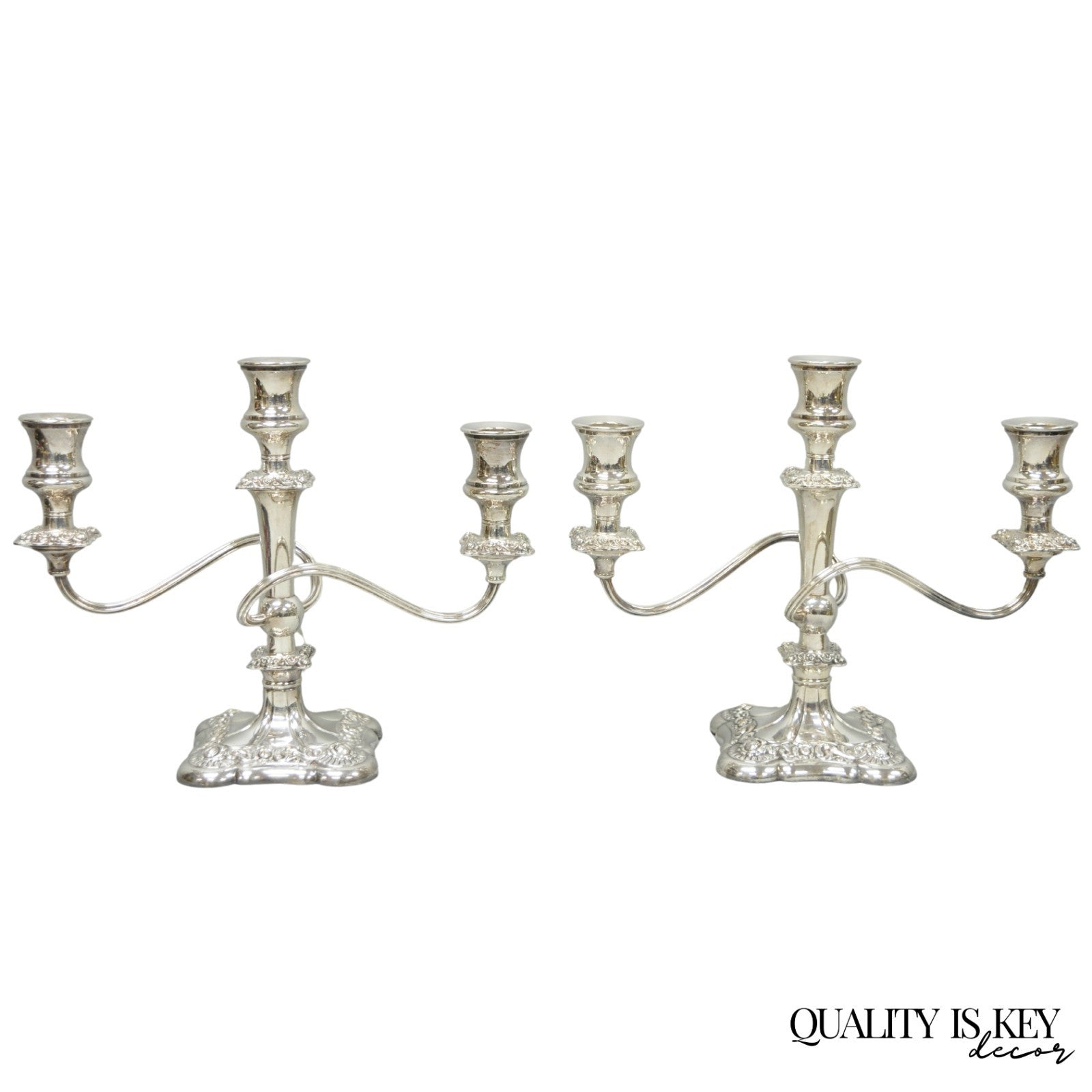 Antique E.G. Webster Victorian Silver Plated Scrolling 3 Arm Candelabra - a Pair