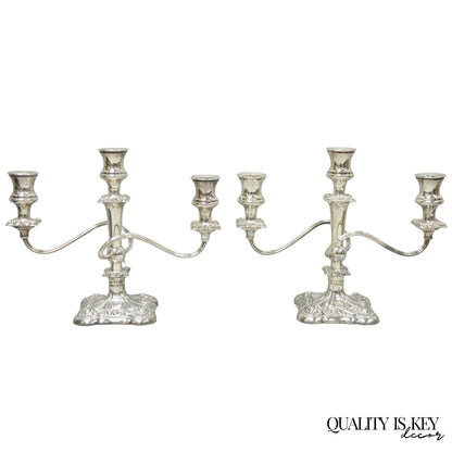 Antique E.G. Webster Victorian Silver Plated Scrolling 3 Arm Candelabra - a Pair