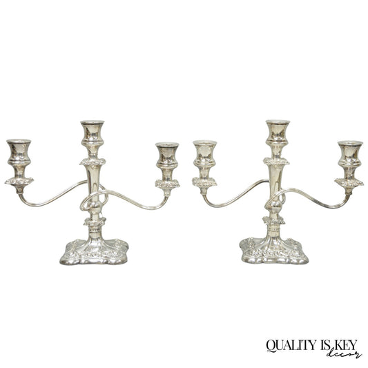 Antique E.G. Webster Victorian Silver Plated Scrolling 3 Arm Candelabra - a Pair