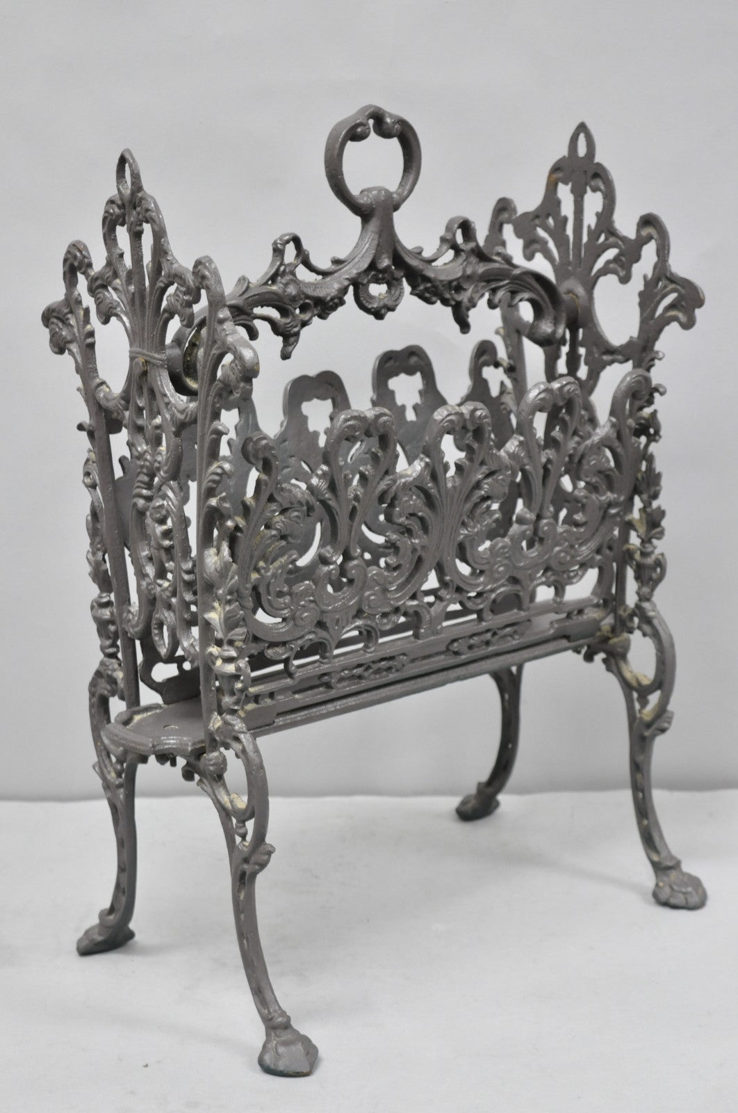 Vintage French Renaissance Victorian Style Cast Iron Magazine Rack with Cherubs