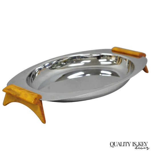 Vintage Art Deco Stainless Steel Glo-Hill Gourmates Butterscotch Bakelite Tray
