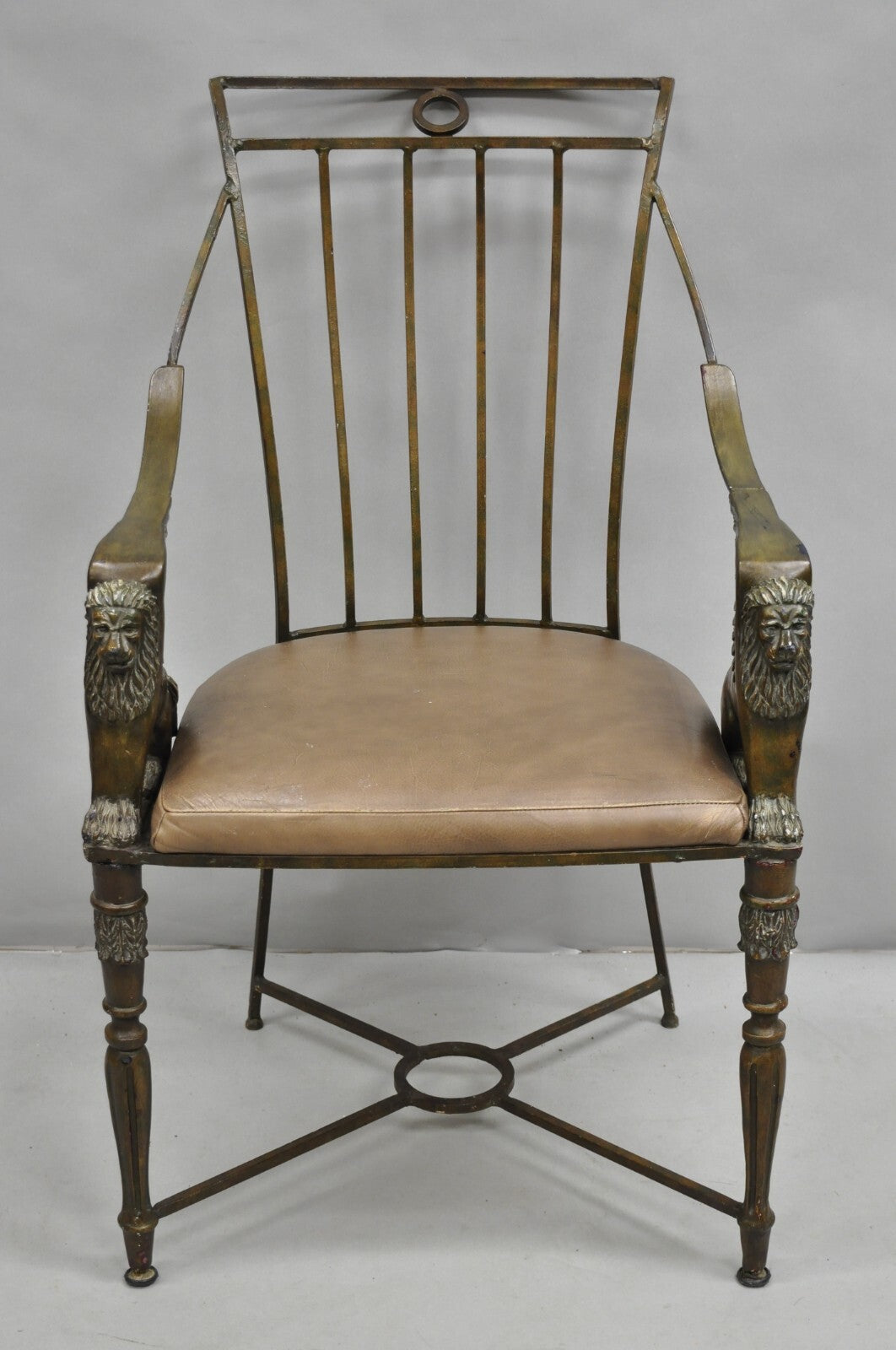 Vintage Egyptian Revival Lion Sphinx Wrought Iron Regency Style Arm Chair