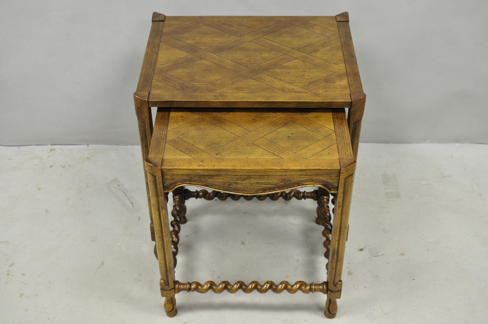 Vintage Baker Barley Twist Oak Parquetry Inlay Nesting Step Lamp Side Tables