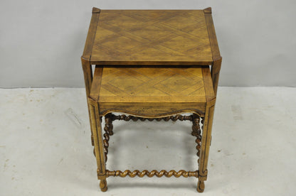 Vintage Baker Barley Twist Oak Parquetry Inlay Nesting Step Lamp Side Tables