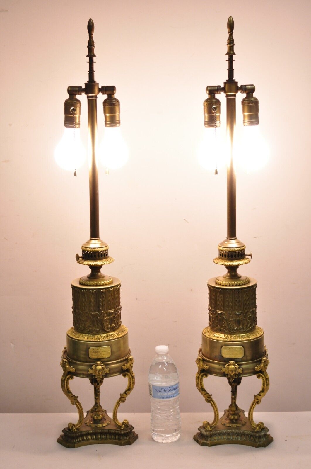 Antique Carcel Paris French Renaissance Gold Gilt Bronze Oil Table Lamp - a Pair