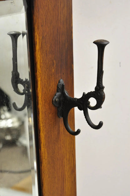 Antique Arts & Crafts Mission Oak Wood Beveled Glass Hall Mirror Iron Coat Hooks