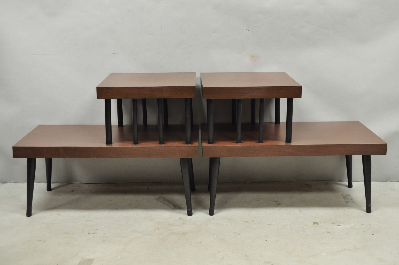Vintage Mid Century Modern Two Tier Step Walnut Laminate Spindle End Table, Pair