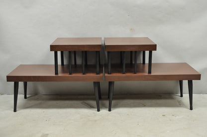 Vintage Mid Century Modern Two Tier Step Walnut Laminate Spindle End Table, Pair