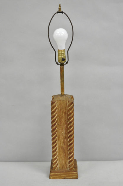 Vintage James Mont Style Mid Century Modern Cerused Oak Spiral Carved Table Lamp