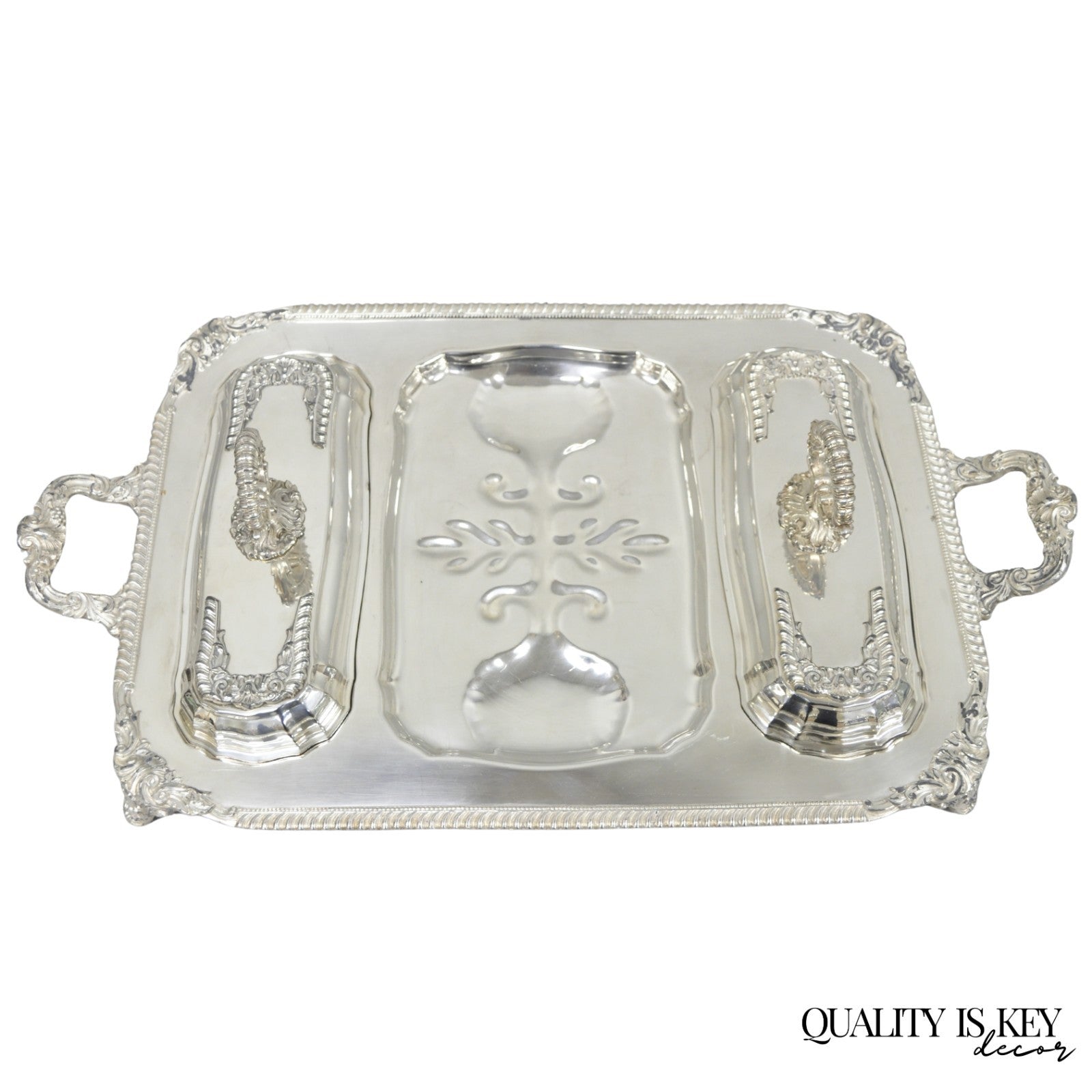 Vintage Victorian Silver Plated Meat Serving Platter Tray w/ Covered Dishes