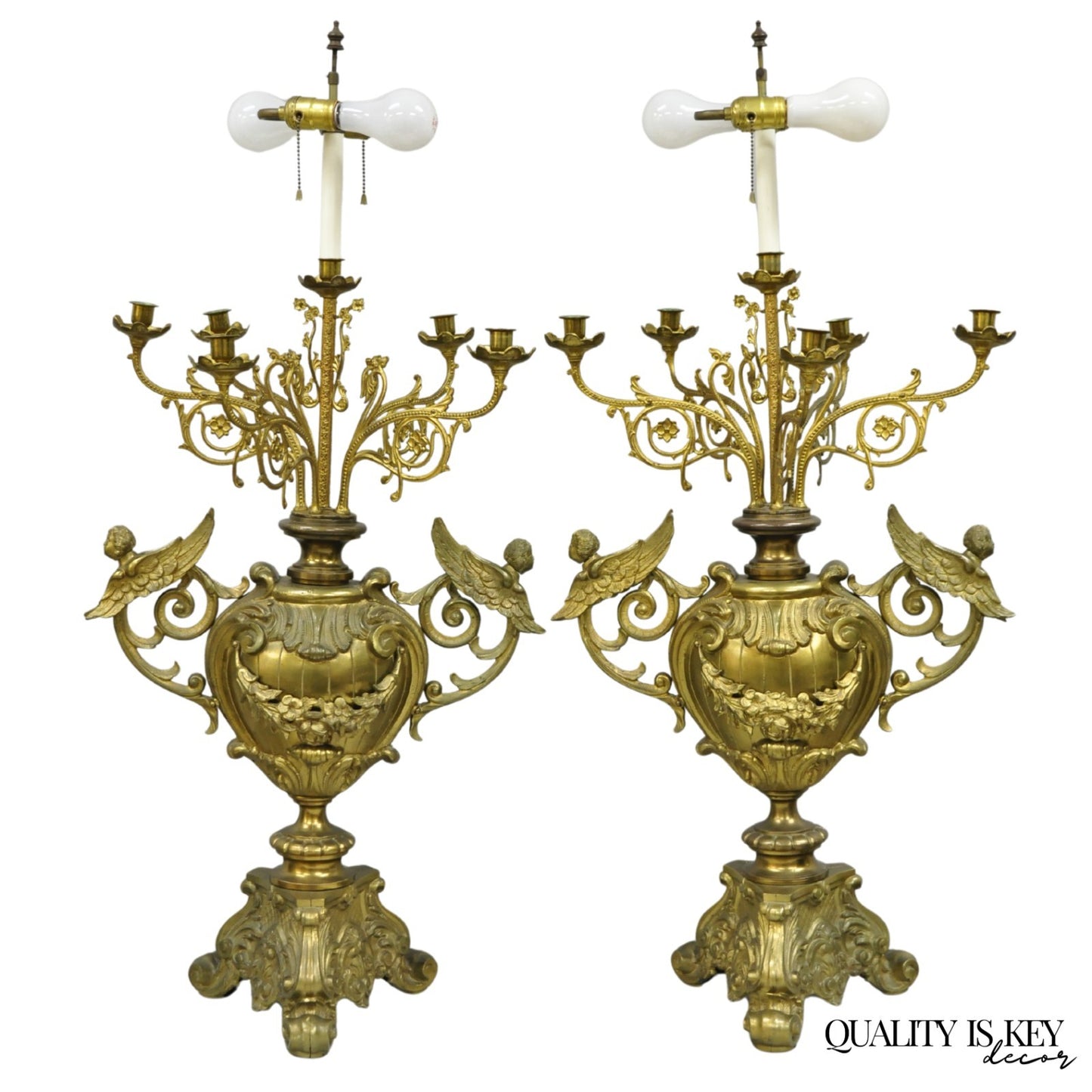 Large Antique French Rococo Louis XV Figural Cherub Bronze Candelabra Lamps Pair