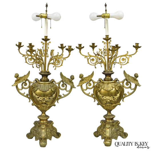 Large Antique French Rococo Louis XV Figural Cherub Bronze Candelabra Lamps Pair