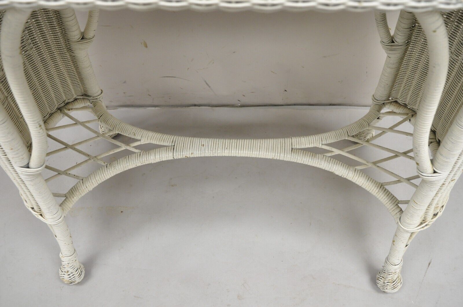 Antique Victorian White Wicker Rattan Console Hall Side Table