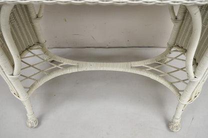 Antique Victorian White Wicker Rattan Console Hall Side Table