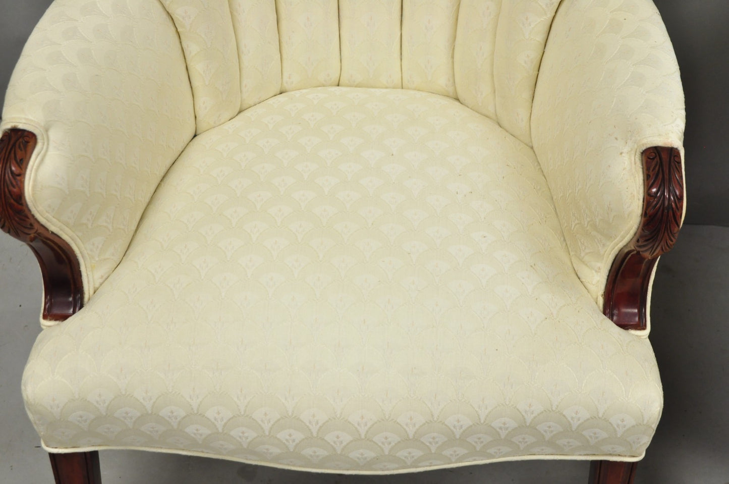 Vintage French Art Deco Style Channel Wingback Mahogany Lounge Arm Chairs - Pair