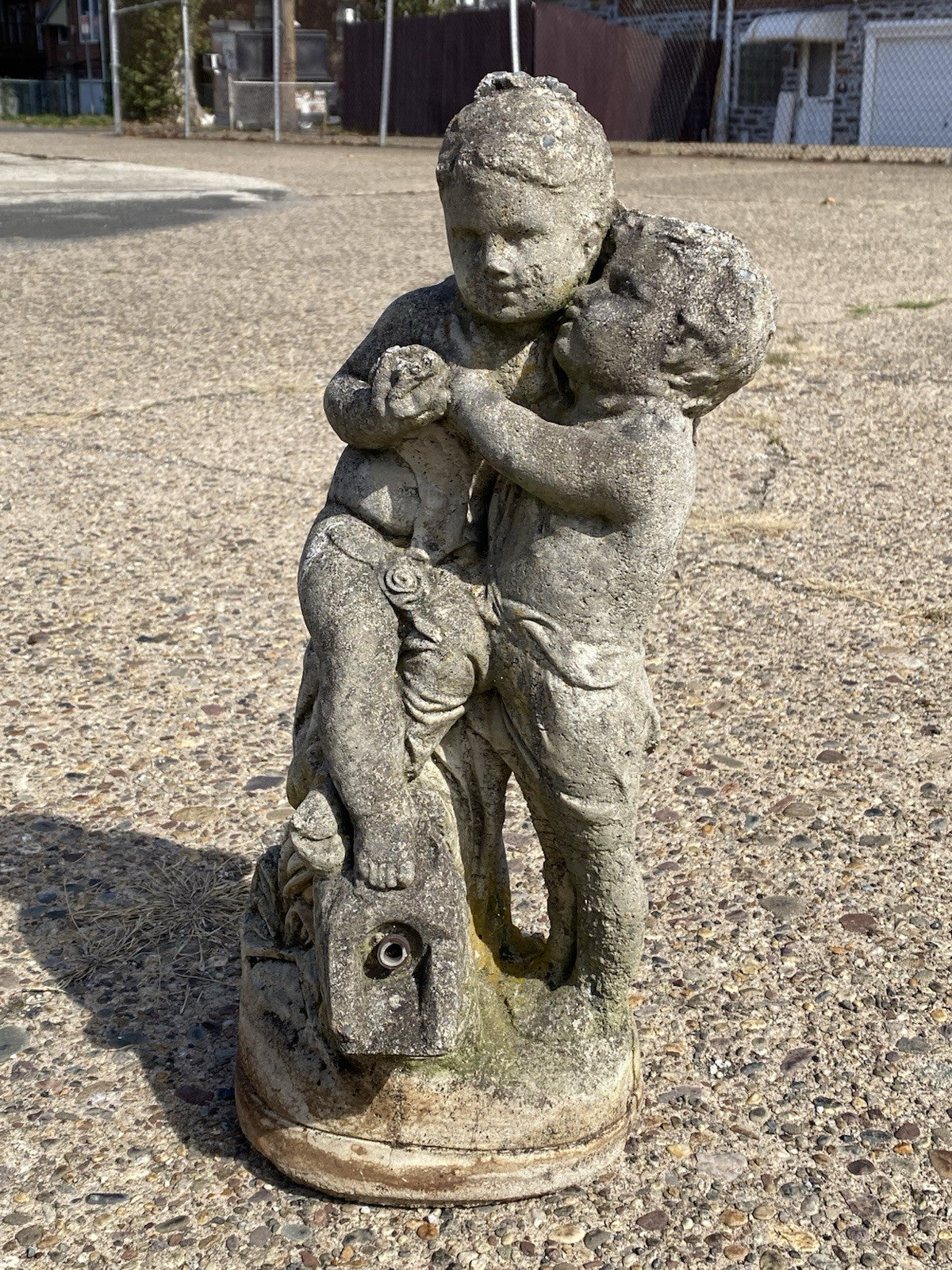 French Neoclassical Small Concrete Figural Cherub Garden Statue Water Fountain