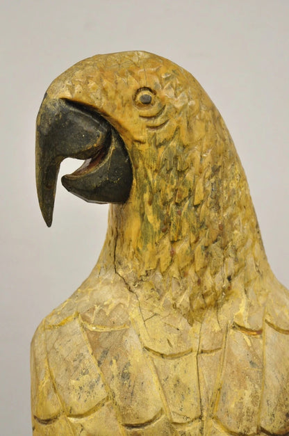 Large 46" Vintage Mid Century Carved Wood Perched Parrot Bird Statue Sculpture