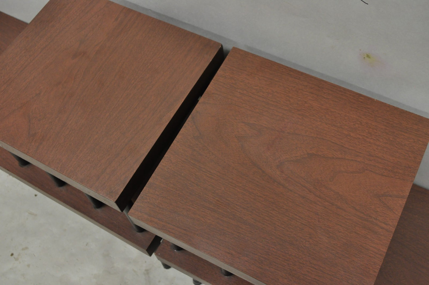 Vintage Mid Century Modern Two Tier Step Walnut Laminate Spindle End Table, Pair