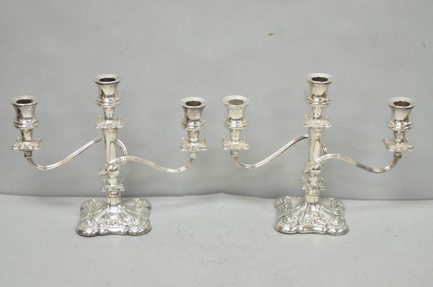 Antique E.G. Webster Victorian Silver Plated Scrolling 3 Arm Candelabra - a Pair