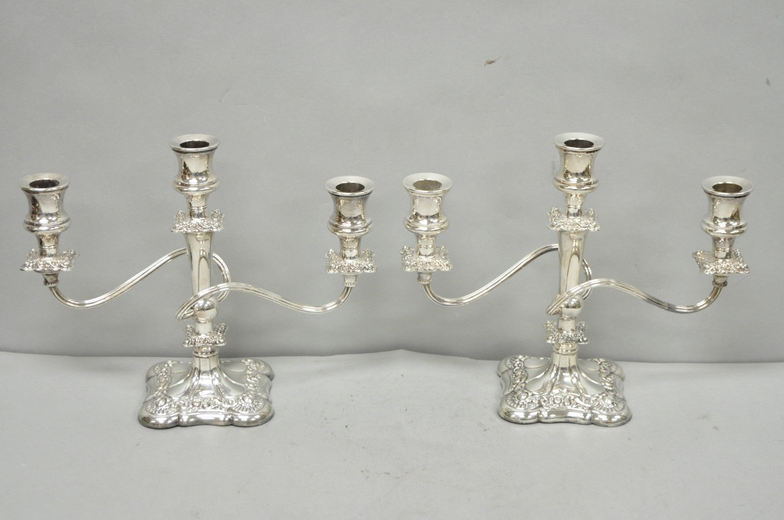 Antique E.G. Webster Victorian Silver Plated Scrolling 3 Arm Candelabra - a Pair