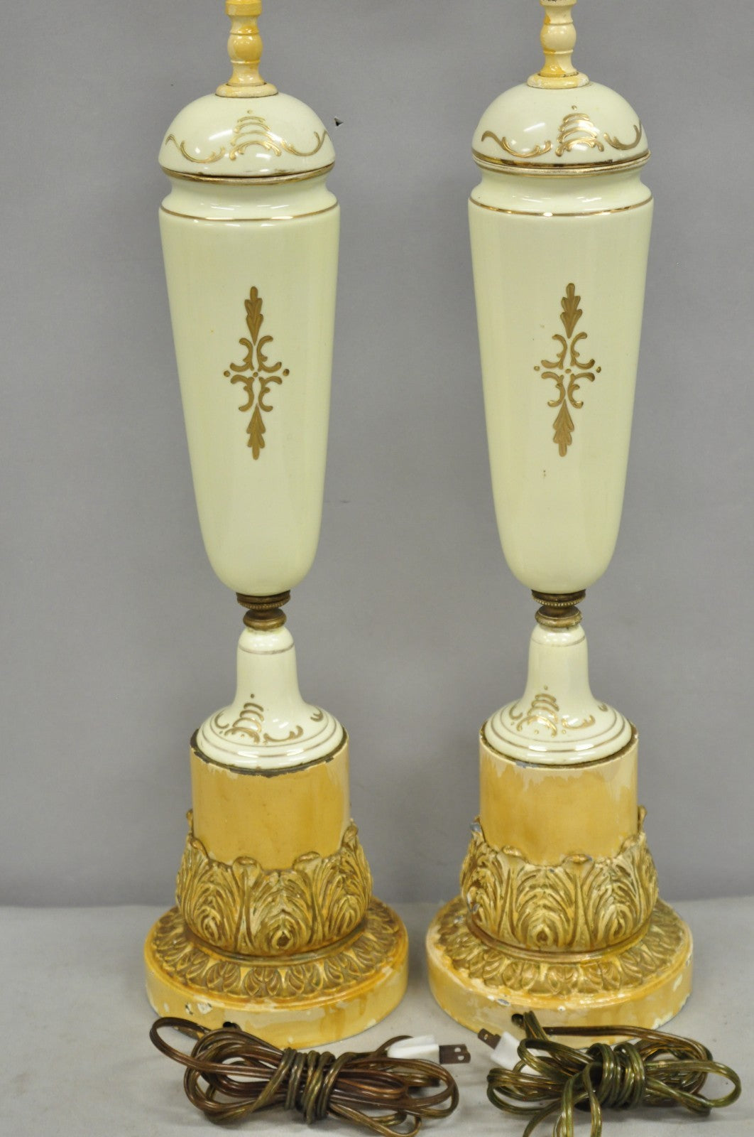 Antique French Renaissance Slender Porcelain Urn Hand Painted Table Lamps - Pair