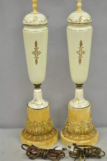 Antique French Renaissance Slender Porcelain Urn Hand Painted Table Lamps - Pair