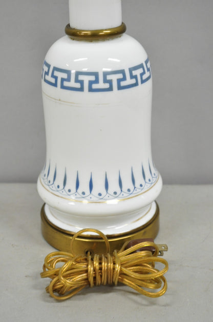 Vintage Italian Neoclassical White Milk Glass Column Blue Greek Key Table Lamp