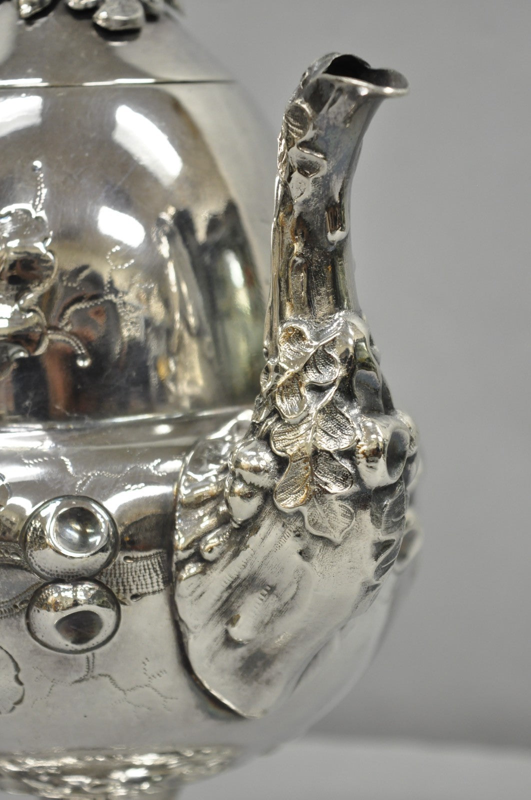 Antique Art Nouveau Silver Plated Nuts & Vines Repousse Tea Pot Tea Kettle