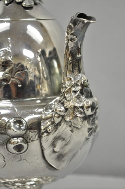 Antique Art Nouveau Silver Plated Nuts & Vines Repousse Tea Pot Tea Kettle