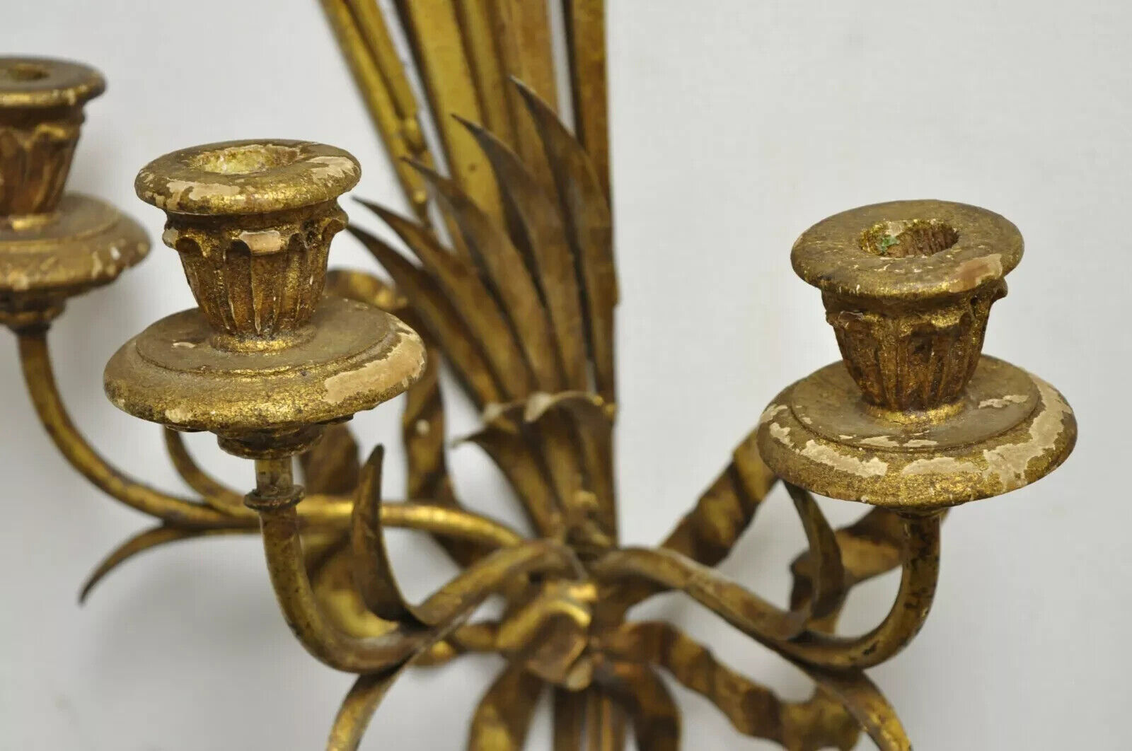 Italian Hollywood Regency Gold Iron Sheaf of Wheat Candle Wall Sconces - a Pair