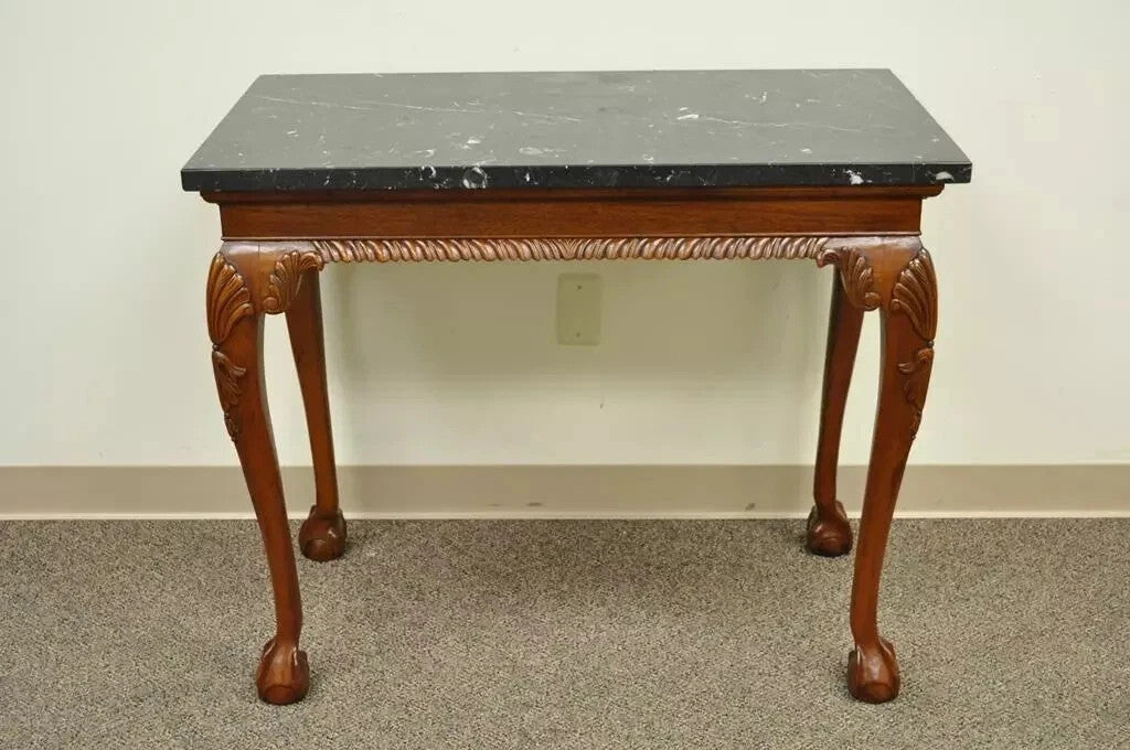 Vintage Chippendale Style Carved Mahogany Ball and Claw Marble Top Console Table