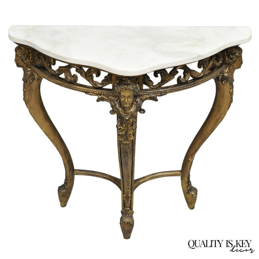 Vintage French Rococo Baroque Gold Gilt Gesso Marble Top Figural Console Table
