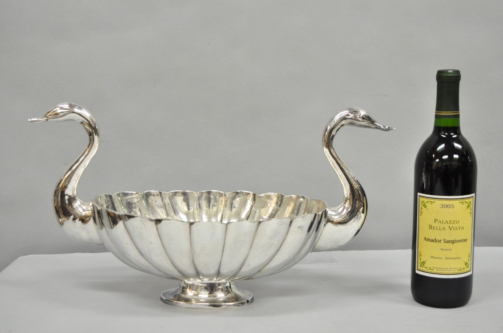 Vintage Italian Regency Silver Plated Figural Double Swan Bird Oval Fruit Bowl