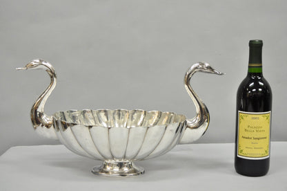 Vintage Italian Regency Silver Plated Figural Double Swan Bird Oval Fruit Bowl