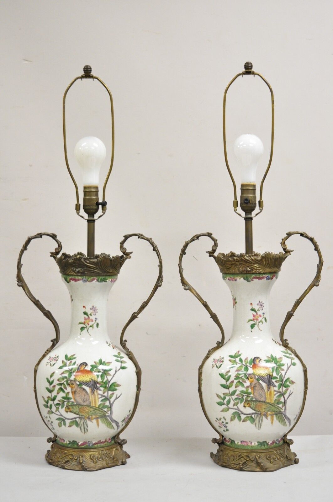 Vintage Chinoiserie Porcelain & Bronze French Louis XV Style Table Lamps - Pair