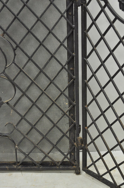 Antique Gothic Arts & Crafts Wrought Iron Scrolling Folding Fireplace Screen